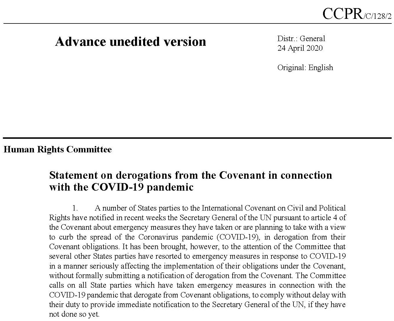 Statement on derogations from the Covenant in connection with the COVID-19 pandemic adopted by the Human Rights Committee 